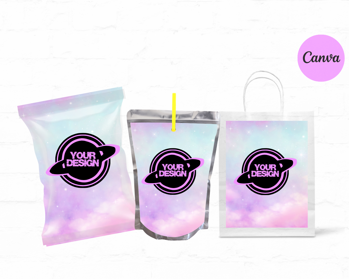 DDV 3pc Custom Party Favor Templates (Chip Bag, Juice Pouch, Party/Gift Bag) w/PLR Rights