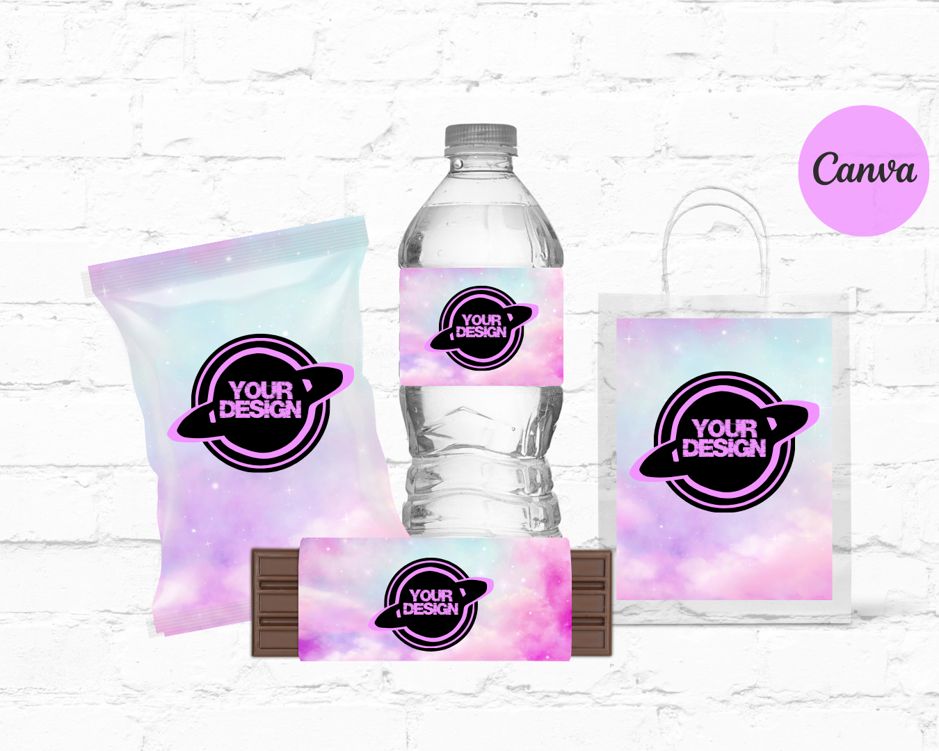 DDV 4pc Custom Party Favor Templates (Chip Bag, Chocolate Bar, Party/Gift Bag, Water Bottle) PLR Rights