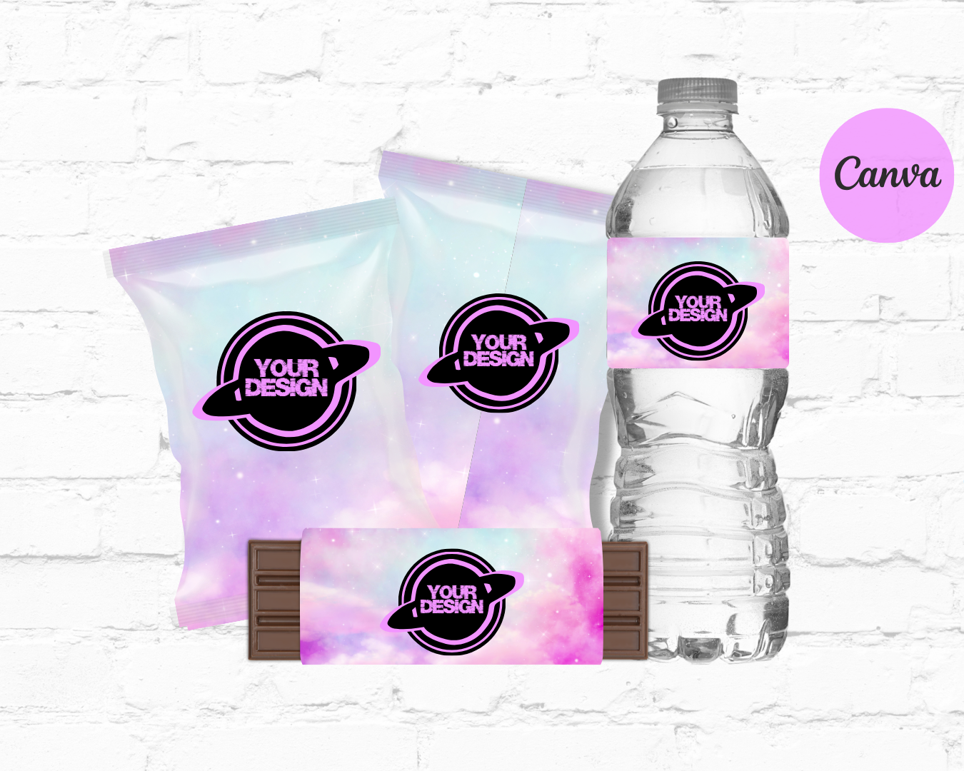 DDV 3pc Custom Party Favor Templates (Chip Bag, Chocolate Bar, Water Bottle) w/PLR Rights