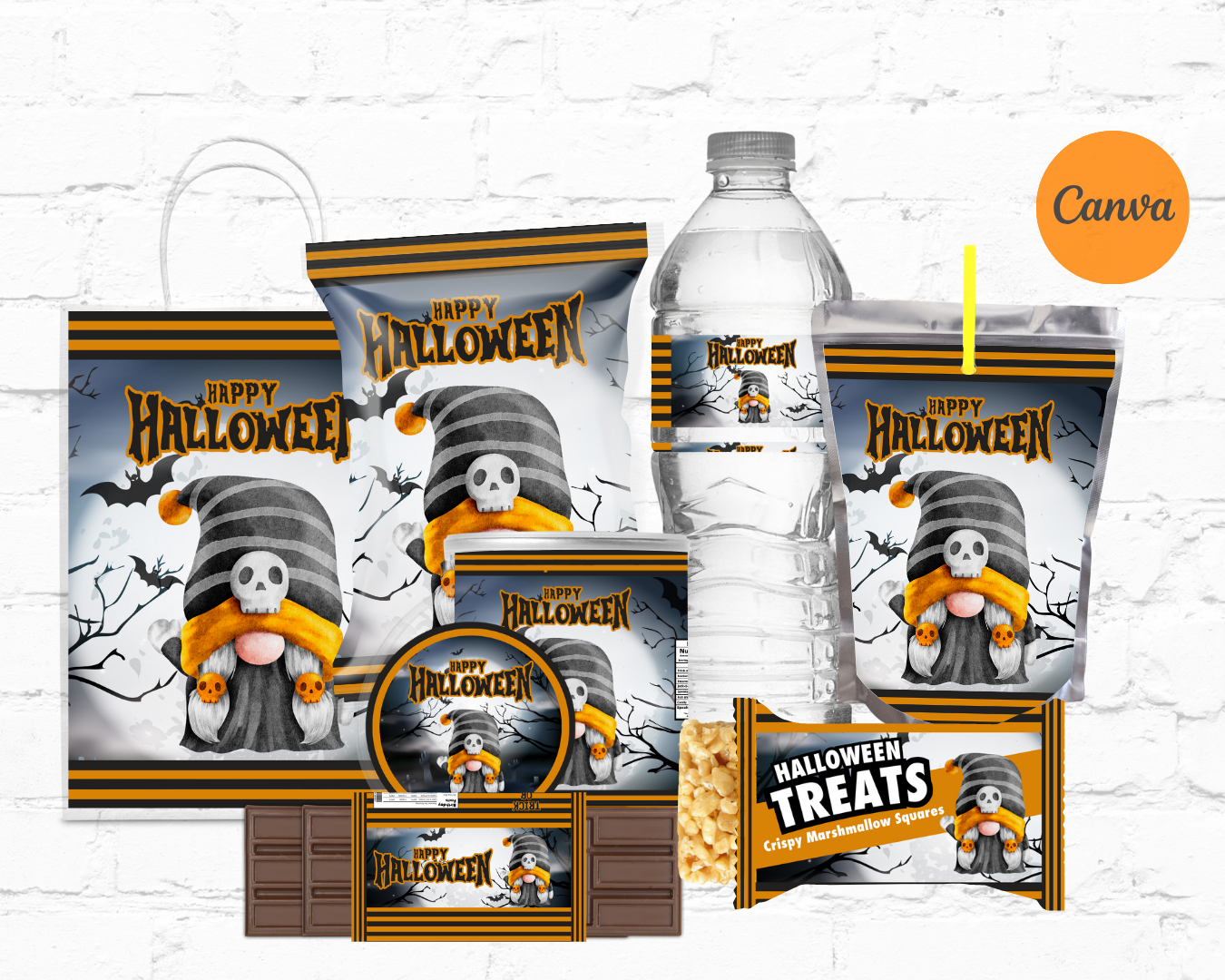 DDV Happy Halloween Burnt Orange and Black Gnome 8pc Party Favor Template Bundle(DDV GN08)
