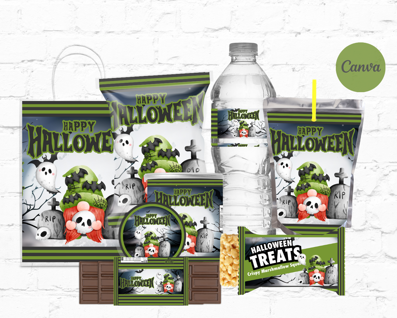 DDV Happy Halloween Green and Black Bat Gnome w/Rip 8pc Party Favor Template Bundle (DDV GN10)