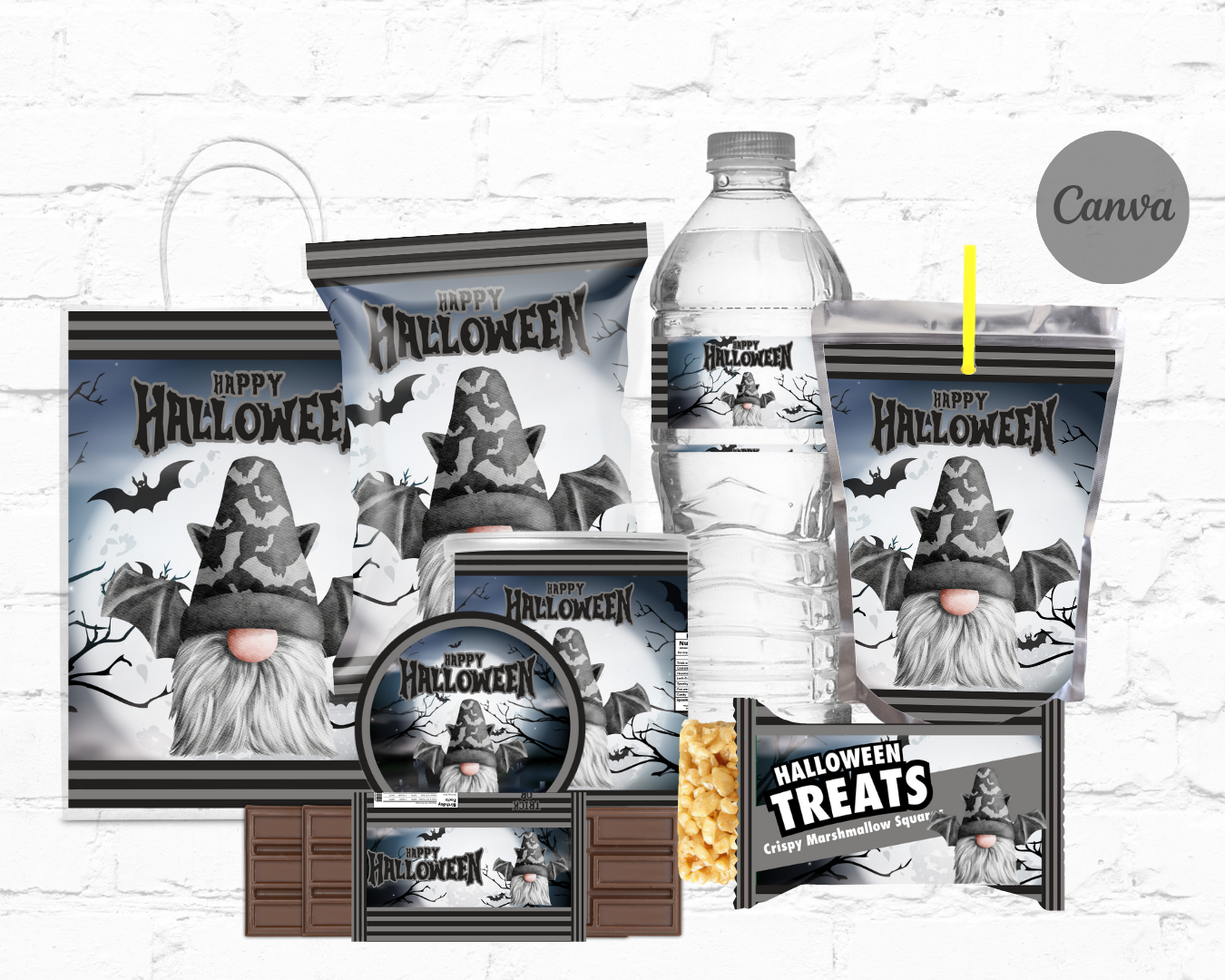 DDV Happy Halloween Grey and Black Bat Wizard Gnome 8pc Party Favor Template Bundle (DDV GN09)