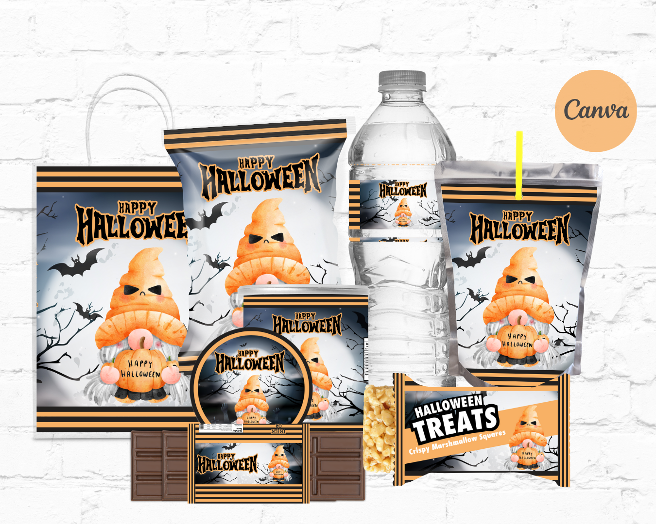 DDV Happy Halloween Light Orange and Black Pumpkin Gnome 8pc Party Favor Template Bundle (DDV GN07)