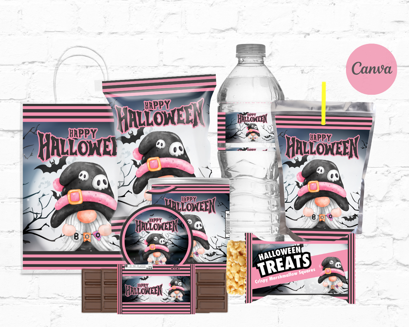 DDV Happy Halloween Pink and Grey Boo Gnome 8pc Party Favor Template Bundle (DDV GN06)