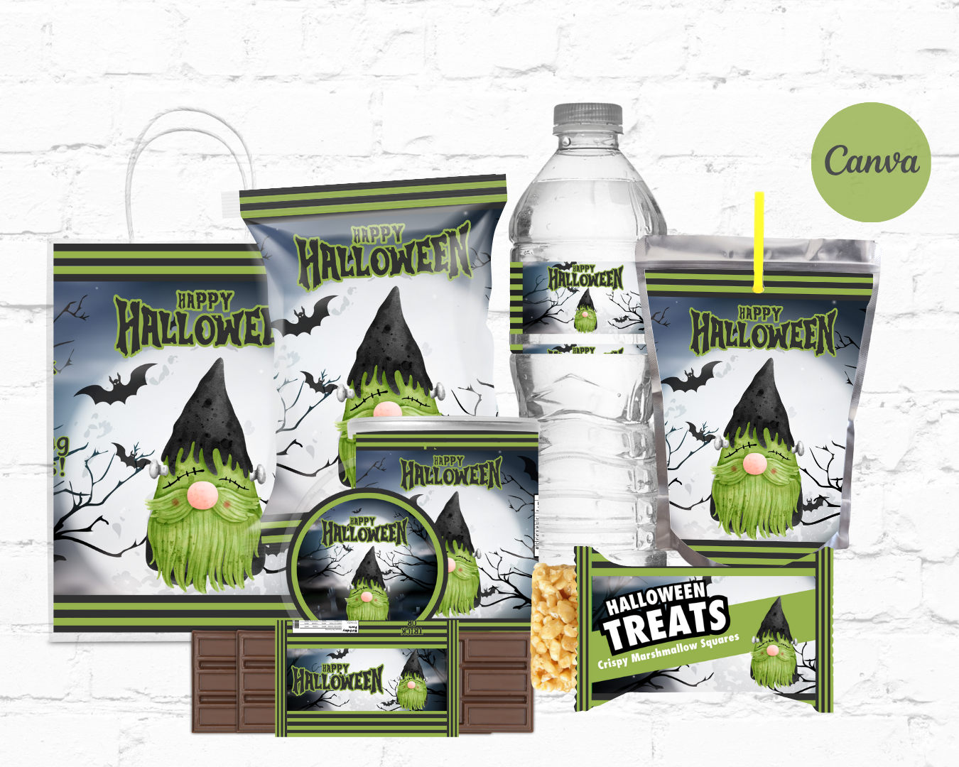 DDV Happy Halloween Swamp Green and Black Frankenstein Gnome 8pc Party Favor Template Bundle (DDV GN13)