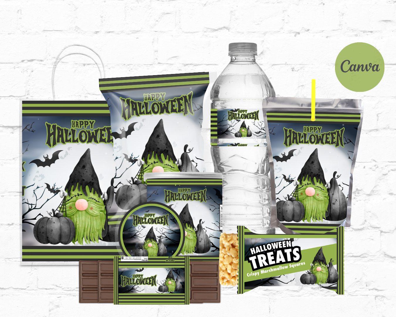 DDV Happy Halloween Swamp Green and Black Frankenstein w/blk pumpkins Gnome 8pc Party Favor Bundle (DDV GN12)