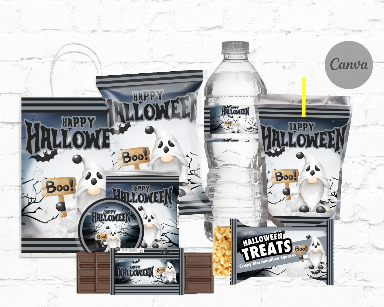 DDV Happy Halloween White Ghost Boo Gnome 8pc Party Favor Template Bundle (DDV GN11)