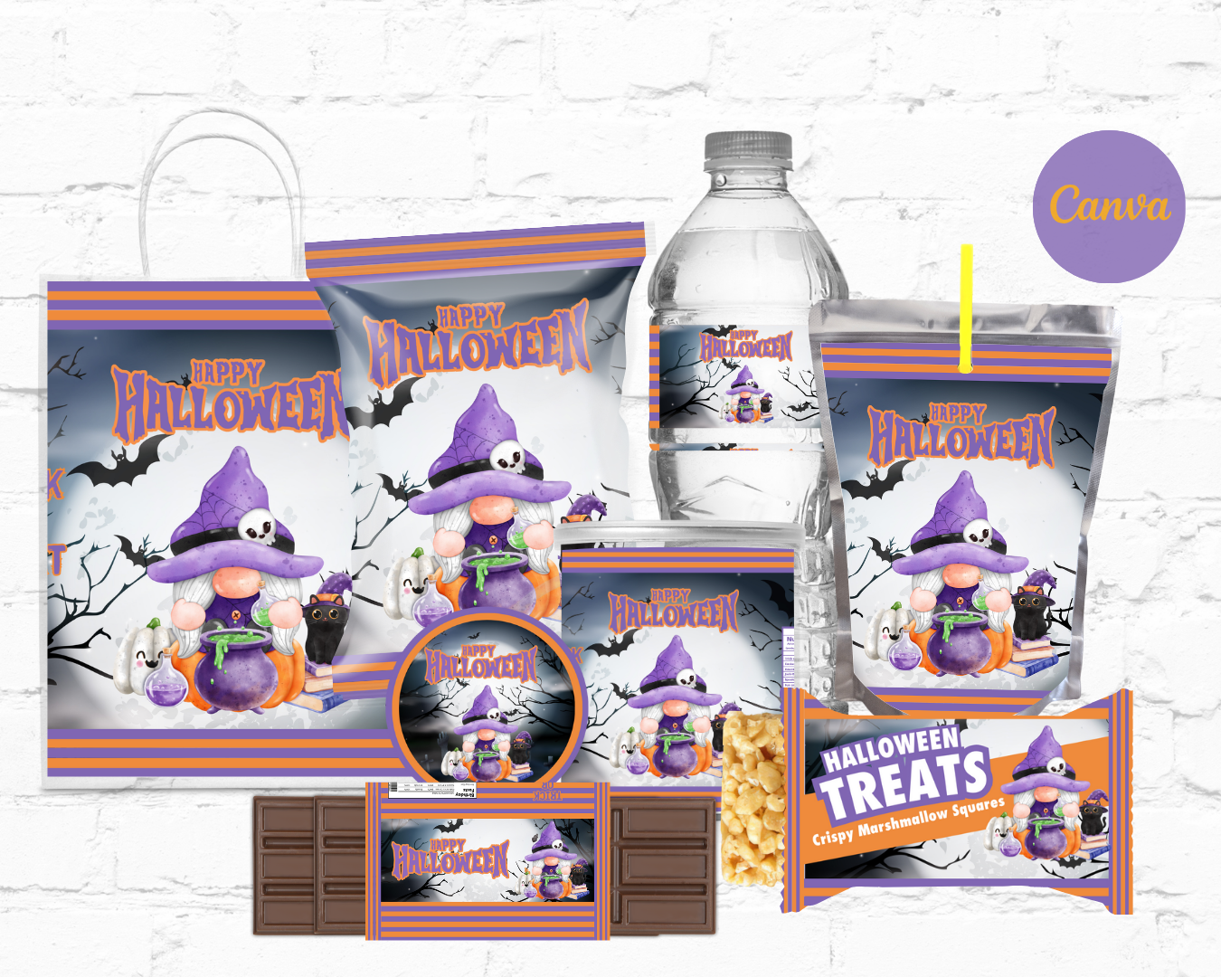 DDV Happy Halloween Light Purple and Orange Pumpkin Wizard w/blk Cat and Potion Gnome 8Pc Template Bundle (DDV GN04)