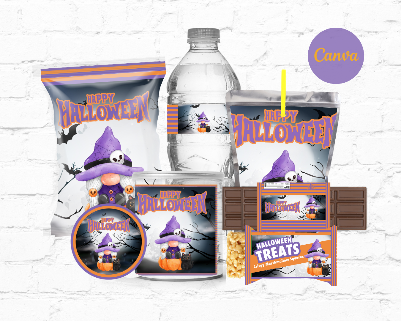 DDV Happy Halloween Light Purple and Orange Pumpkin Wizard Gnome w/blk 8Pc Party Favor Template Bundle (DDV GN01)