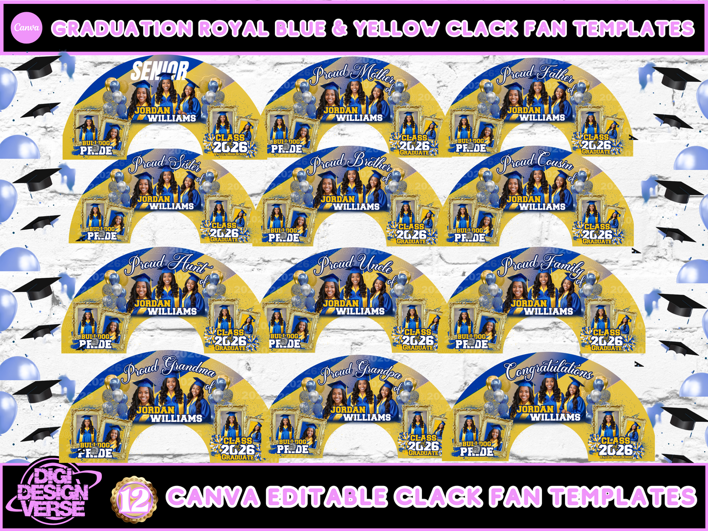 Graduation Royal Blue & Yellow Graduation Clack Fan Templates