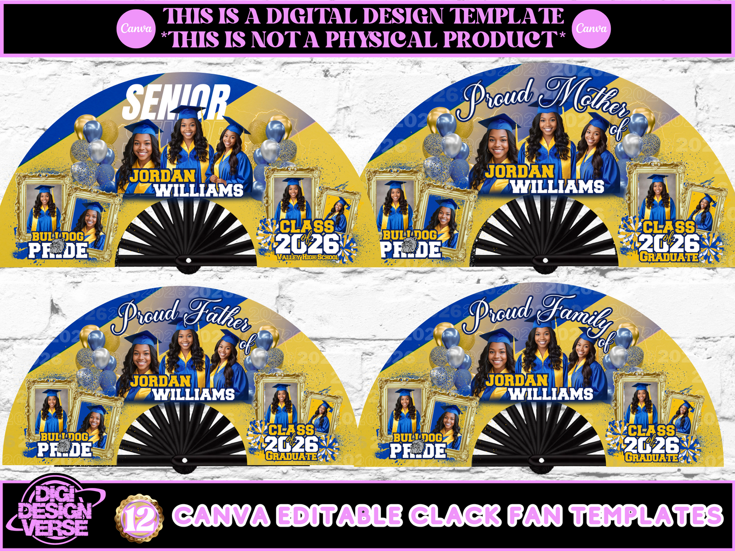 Graduation Royal Blue & Yellow Graduation Clack Fan Templates
