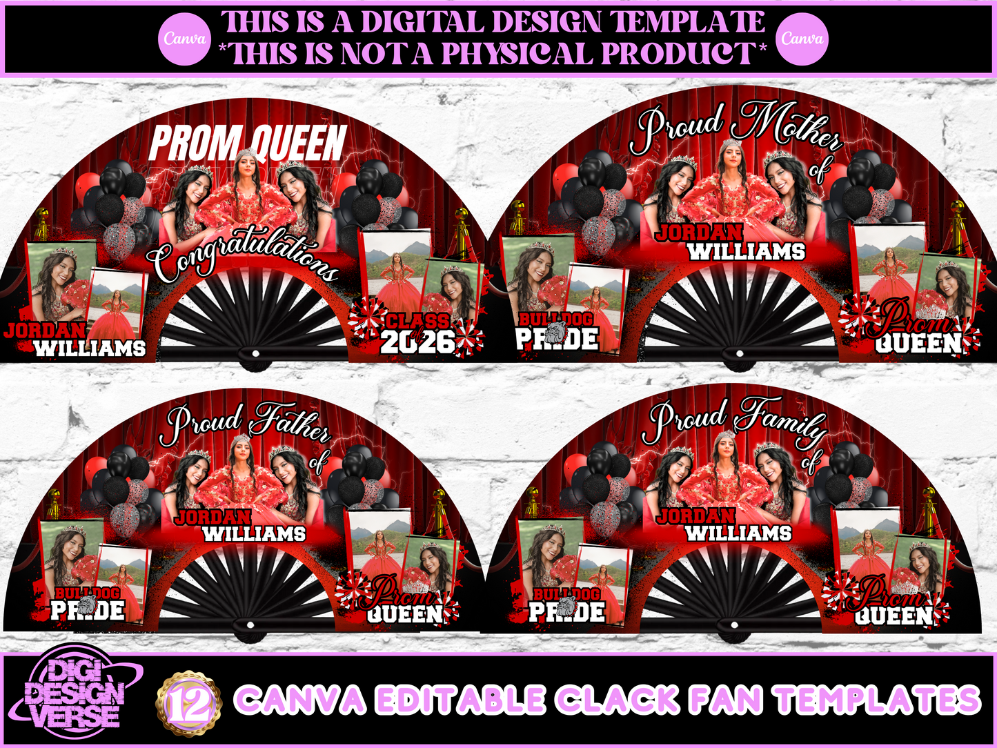 Prom Queen Red & Black Graduation Clack Fan Templates