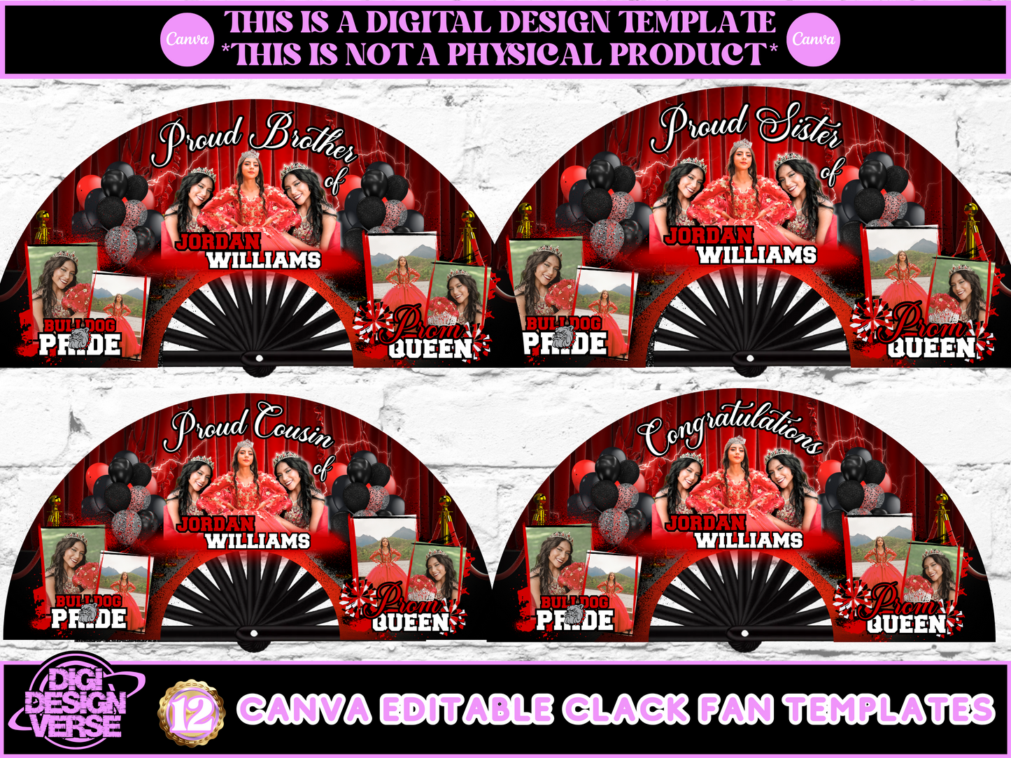 Prom Queen Red & Black Graduation Clack Fan Templates