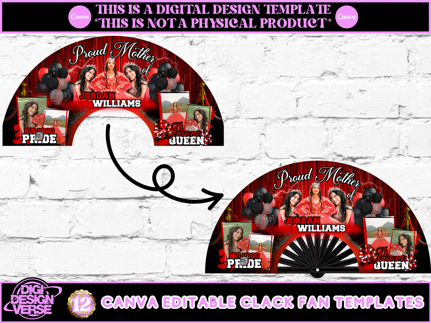 Prom Queen Red & Black Graduation Clack Fan Templates