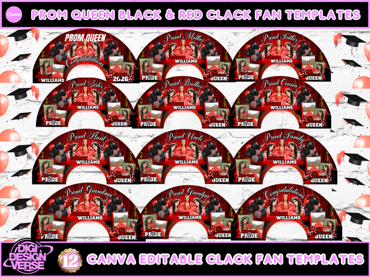Prom Queen Red & Black Graduation Clack Fan Templates